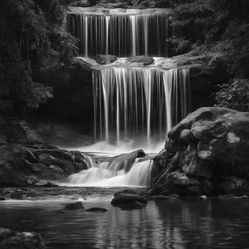 A grayscale waterfall cascading into a dark pool of water.
