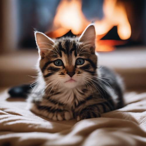 一只昏昏欲睡的缅因猫在温暖、噼啪作响的壁炉前，在毛绒绒的天鹅绒垫子上打哈欠 墙纸 [1623b0942cbe410594d7]