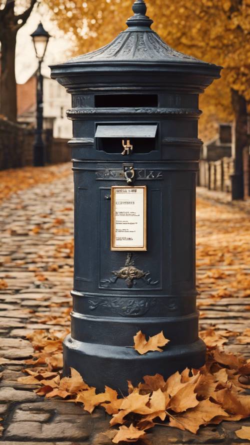 صندوق بريد كلاسيكي عتيق يقف في الشارع المرصوف بالحصى في بلدة إنجليزية قديمة خلال أواخر الخريف.