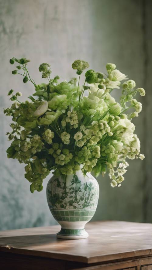 Un bouquet de fleurs vertes dans un vase en porcelaine antique.