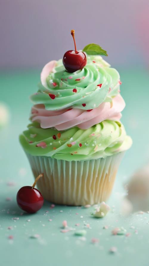 A delicate cupcake with pastel green icing and a cherry on top, in a kawaii style.