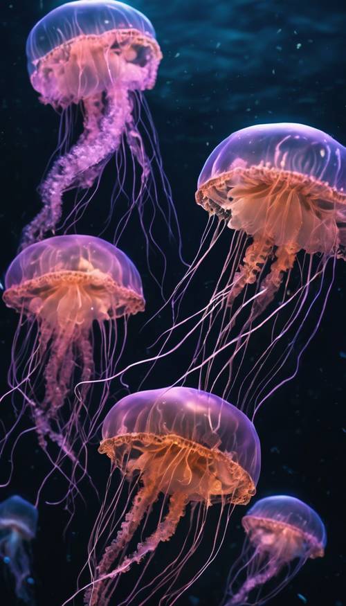 Un gruppo di meduse bioluminescenti che brillano sotto un oceano profondo e scuro.