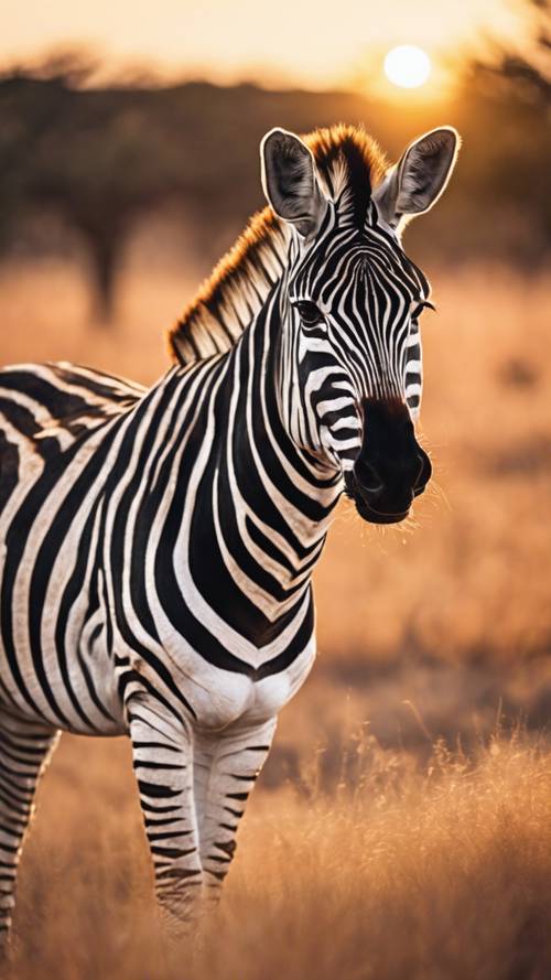 A zebra standing in the warm light of a setting sun in the African savannah.