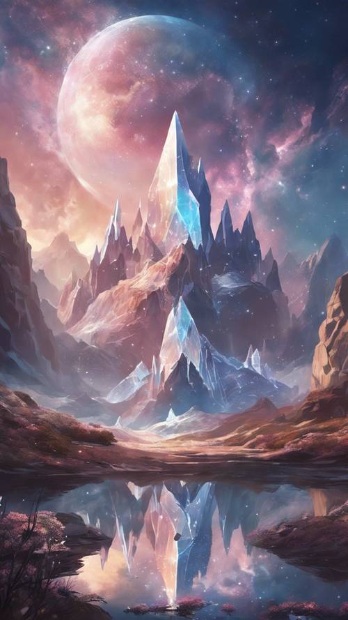 Krajobraz fantasy z kolosalnymi kryształowymi górami pod niebem pełnym konstelacji.