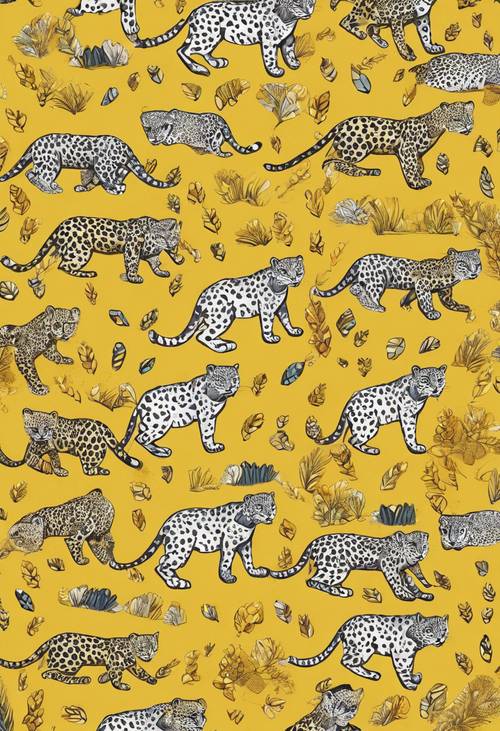 Child-friendly pattern featuring playful little leopards scattered across a golden yellow setting.