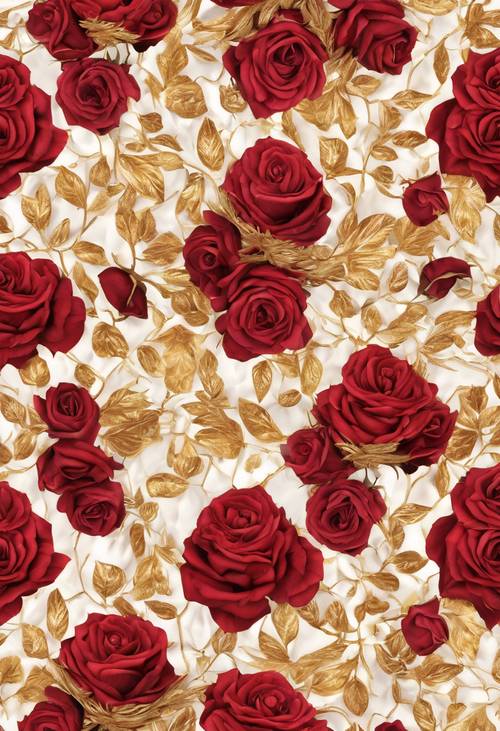 Ein nahtloses kaleidoskopisches Muster aus roten Rosen und goldenen Blättern.