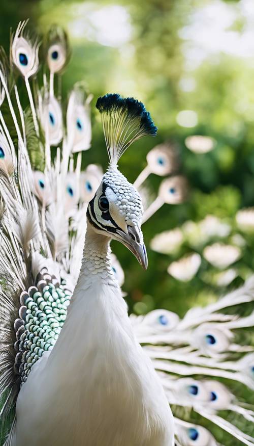 A beautiful white peacock in full display with feathers fanned out impressively in a lush green garden.