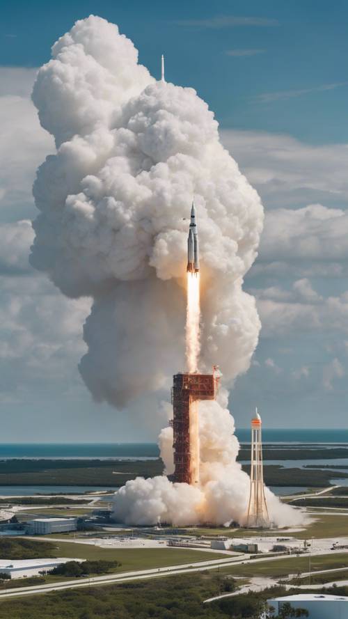 佛羅裡達州卡納維爾角的鳥瞰圖，一枚火箭從甘迺迪太空中心發射，留下一道白色蒸氣的痕跡。
