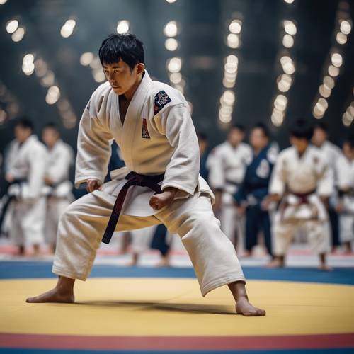 Un judoka realizando un harai goshi bajo las brillantes luces de un gran torneo.