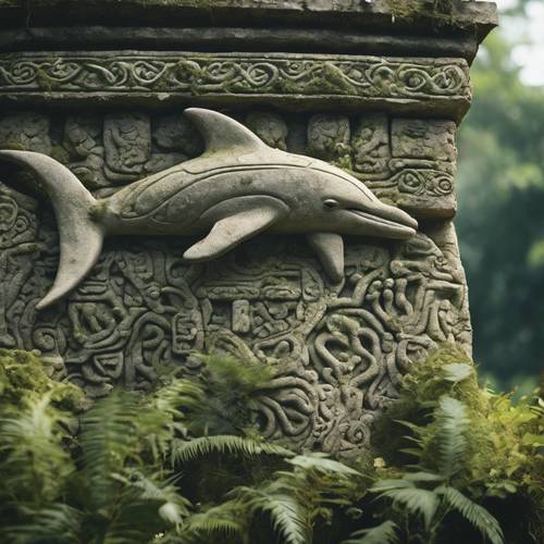 An ancient stone carving of a dolphin on the facade of a Mayan ruin, overgrown with moss and bathed in the soft afternoon light.