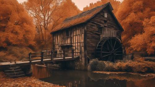 A rustic watermill covered in black Ivy against an autumn orange-tone background. Tapeta [a3c85d32c28145eda9df]