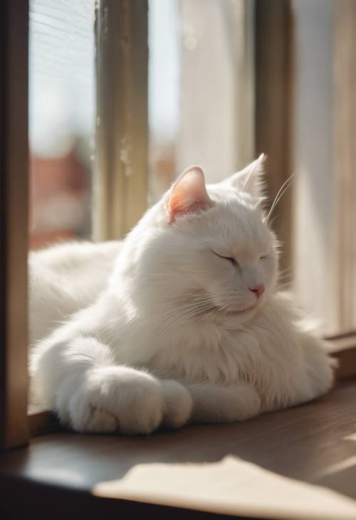 Una rappresentazione pacifica di un gatto bianco addormentato sul davanzale di una finestra soleggiata, raggomitolato in una sfera perfetta.