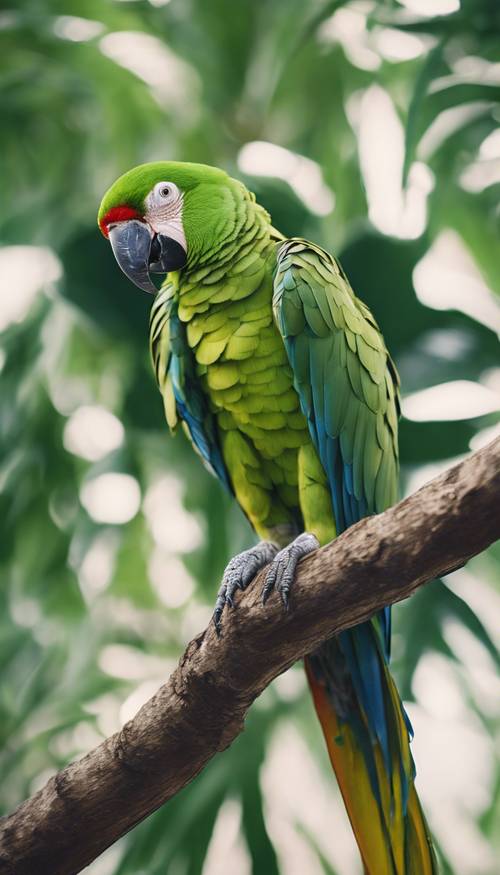 Крупный план зеленого попугая с белыми полосками на крыльях.