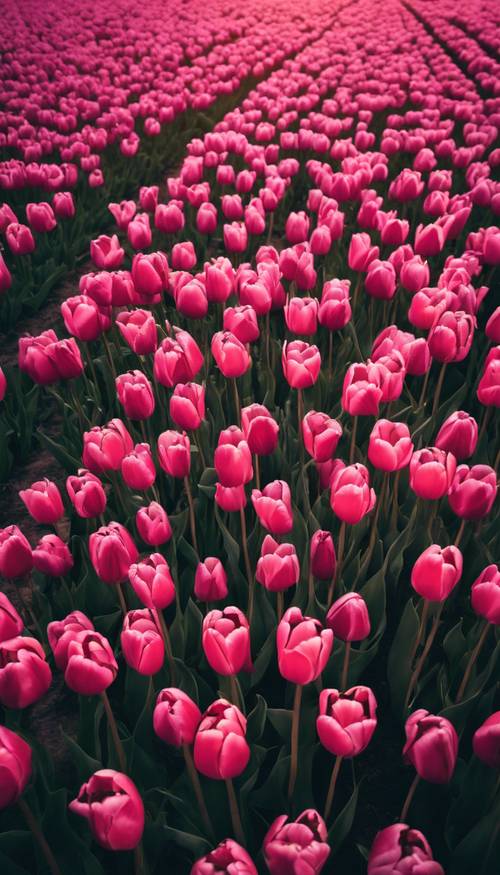 Khung cảnh từ trên cao của cánh đồng hoa tulip màu hồng đậm mượt mà vào lúc hoàng hôn.