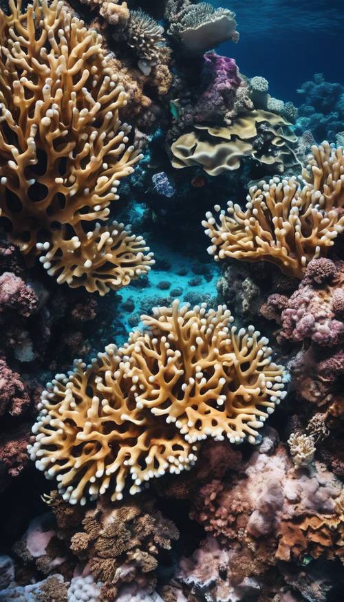 산호초를 머리 위로 바라보면 그 복잡한 패턴과 색상이 주변의 깊고 푸른 바다와 뚜렷한 대조를 이룹니다.