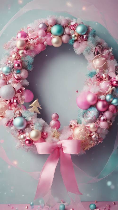 Una corona navideña de inspiración kawaii adornada con cintas de color rosa brillante y pastel y lindos adornos festivos.