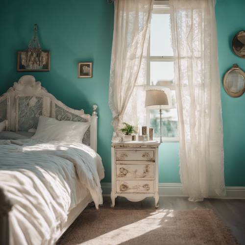A preppy bedroom with teal walls and white vintage furniture, the sunlight streaming in through lace curtains.