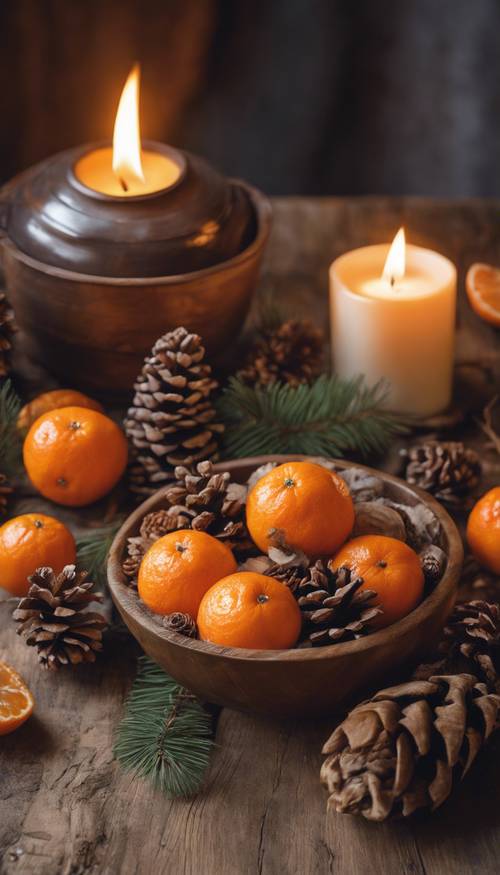 A Christmas themed still-life painting of a bowl of clementines, pine cones, and a burning candle on an old wooden table. Wallpaper [3099caf190fc4247beac]