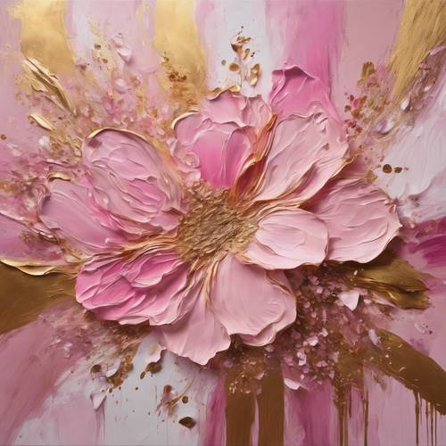 Sapuan warna merah jambu dan emas yang berani dalam lukisan bunga abstrak di atas kanvas besar.