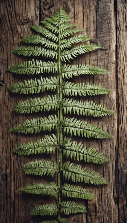 Curled fern leaf on an old wooden table, with distinct boho patterns etched onto its surface