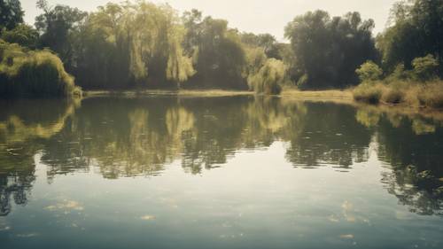 A tranquil pond with a motivational quote subtly reflected in the serene water. Behang [a96a47ea56a543da8ce7]