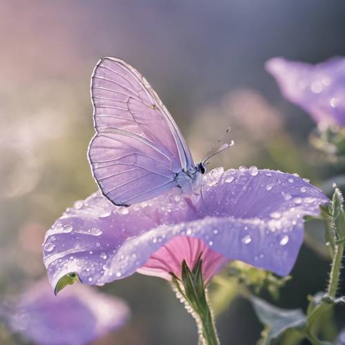 Delikatny, pastelowo-fioletowy motyl spoczywający na pocałowanym przez rosę kwiacie powojnika.