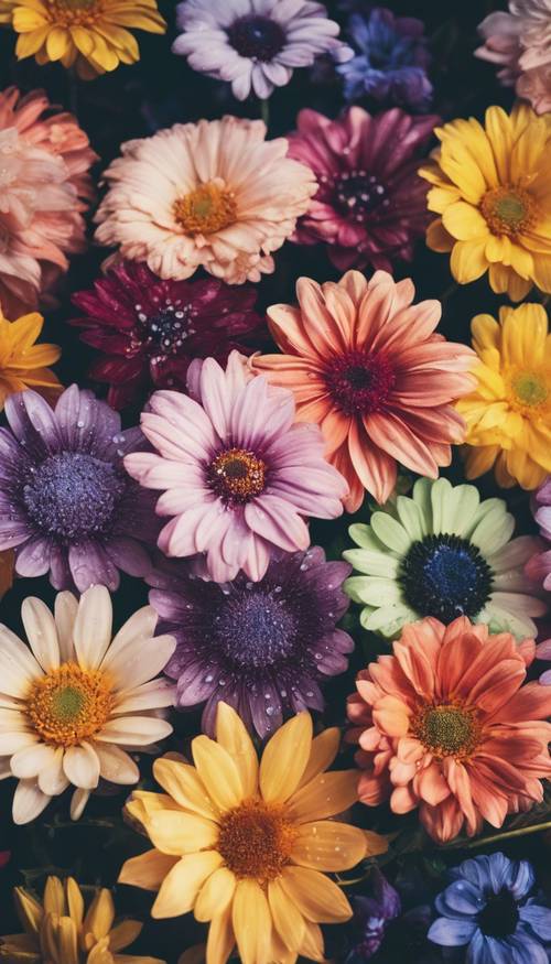 Yapraklarında çiy damlaları bulunan, taze toplanmış rengarenk çiçeklerden oluşan bir ürün yelpazesi.