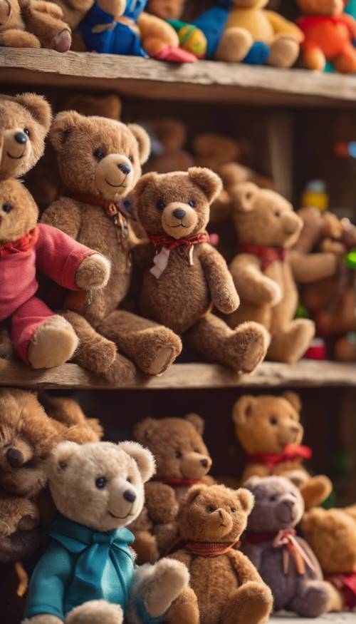 여러 개의 작은 갈색 곰 인형이 다른 화려한 장난감과 함께 선반에 배열되어 있습니다.