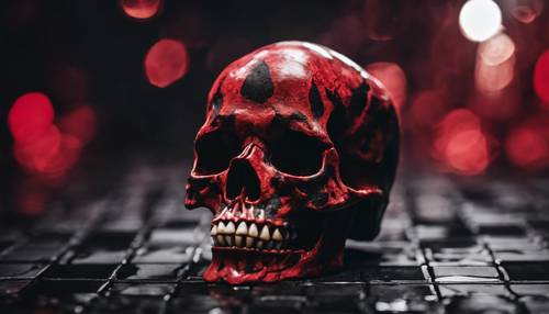 Um crânio vermelho e preto fragmentado flutuando na escuridão sombria