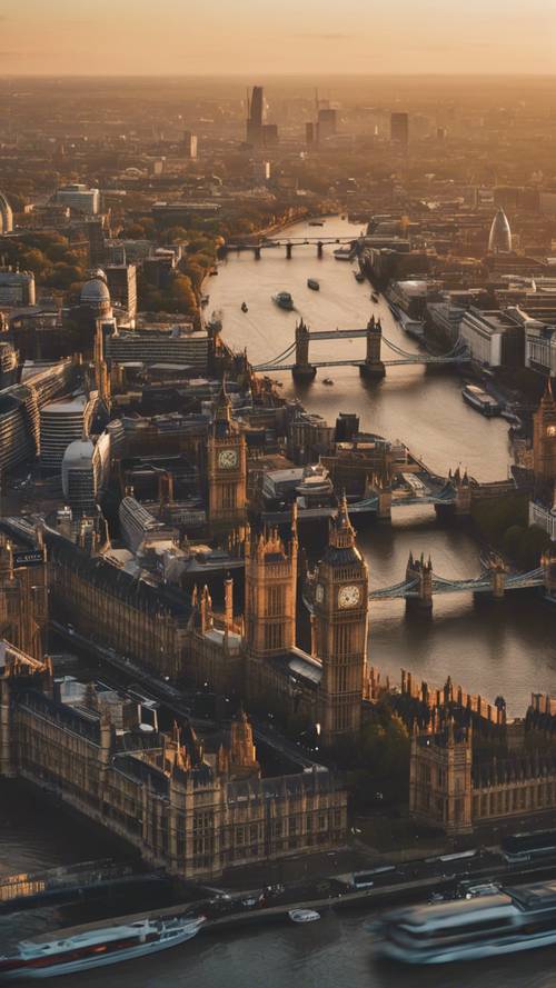 มุมมองทางอากาศของลอนดอนยามพระอาทิตย์ตกดิน เน้นแม่น้ำเทมส์และสถานที่สำคัญอันเป็นเอกลักษณ์ เช่น ลอนดอนอายและบิ๊กเบน