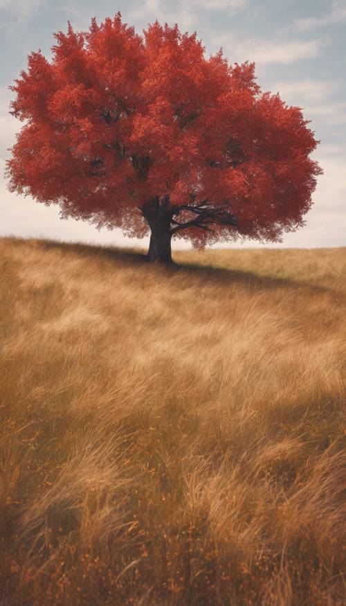 Samotne drzewo z jesiennymi liśćmi na łące czerwonej trawy.