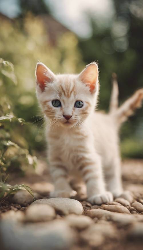 A cream-colored kitten with a striped pattern playing in a garden Tapeta [44f17f54c17e47189837]