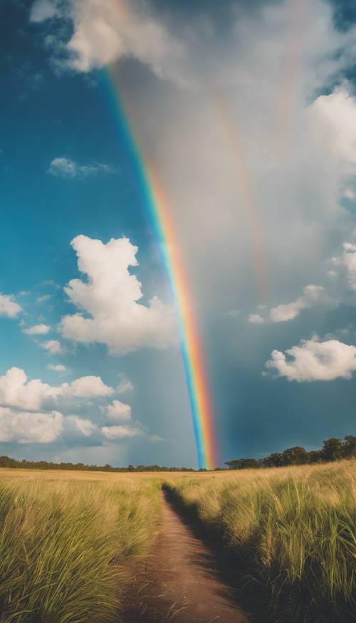 Uma foto grande angular de um arco-íris azul brilhante arqueando graciosamente através de um céu ensolarado de tarde.