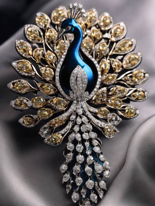 A diamond brooch in the shape of a peacock against black silk.