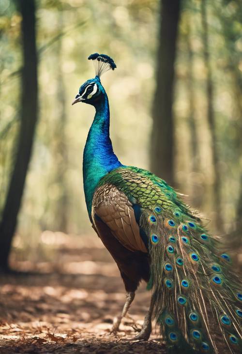 Kolorowy paw z zielonymi i brązowymi piórami tańczący w lesie.