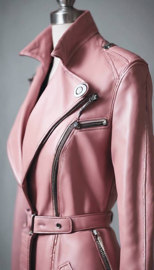 Áo khoác da màu hồng cổ điển trên mẫu váy, đặt trên nền tối giản.