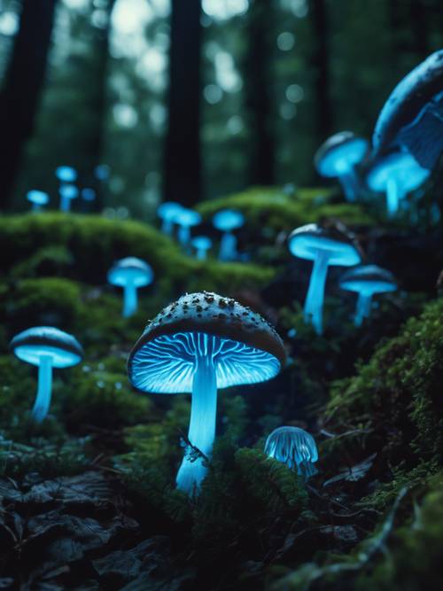 Sekelompok jamur bercahaya biru cerah yang tumbuh di kedalaman hutan yang gelap.