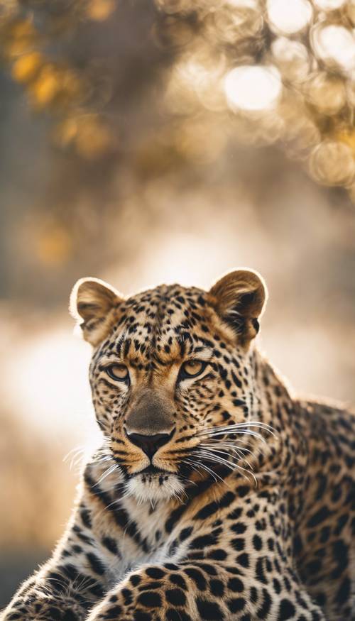 A large leopard basking in the sunlight, its fur decorated with neutral hues.