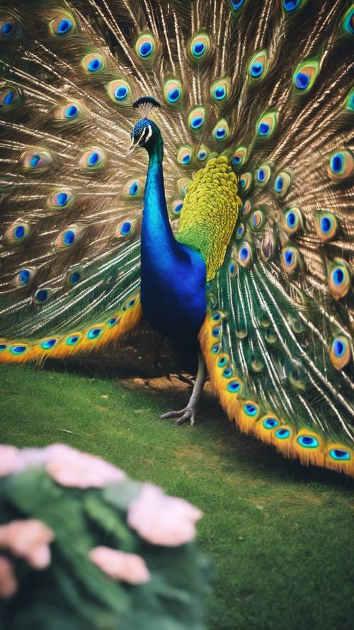 Seekor burung merak cantik memamerkan bulu ekornya yang cerah di taman India.
