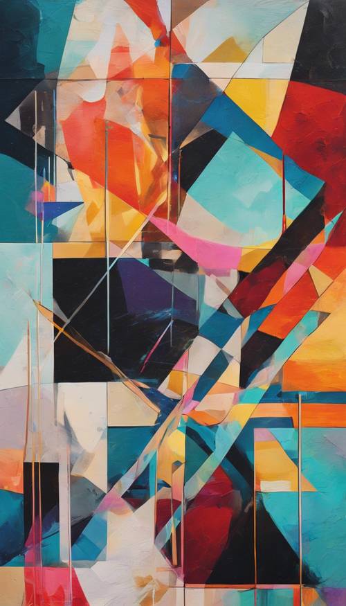 An abstract painting showcasing geometric shapes with vibrant, contrasting colors. Tapet [7c28da68664c4af68e68]