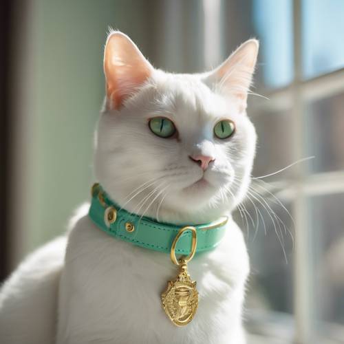 Eine entzückende weiße Katze mit einem adretten mintgrünen Halsband mit einer goldenen Schnalle sitzt in einem sonnigen Fenster.