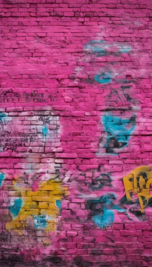 Graffiti espalhado por uma parede áspera de tijolos rosa choque.