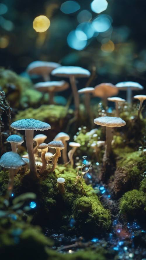 Un jardin mystique au clair de lune rempli de champignons bioluminescents brillants, de pierres couvertes de mousse et de créatures magiques gambadant.