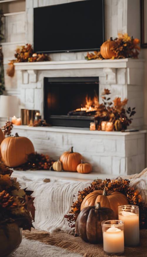 Aesthetically pleasing Thanksgiving room decor featuring a cozy fireplace adorned with autumn laurel. Wallpaper [4c69629369ff49cdbd10]