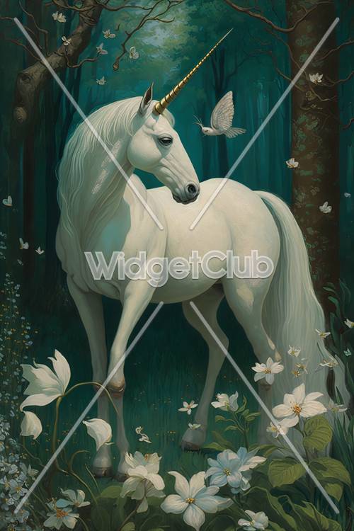 Unicorno incantato nella foresta magica