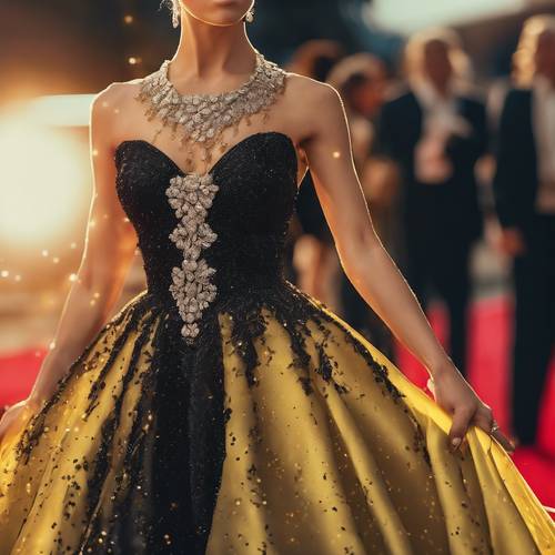Elegante vestido de noche negro con diamantes amarillos sobre una alfombra roja.