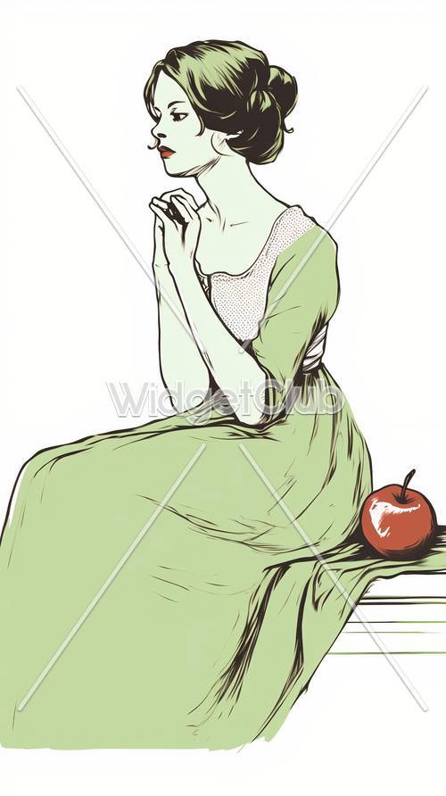 Green Dress Lady and Red Apple Art Tapet [1258af1bf58d4509be84]