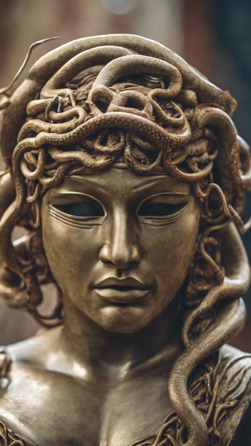 Una drammatica maschera teatrale greca che rappresenta Medusa con serpenti come capelli.