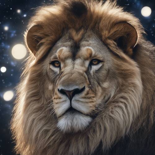 A portrait of a majestic lion beneath the gleaming Leo constellation, illuminated by a silver moon.