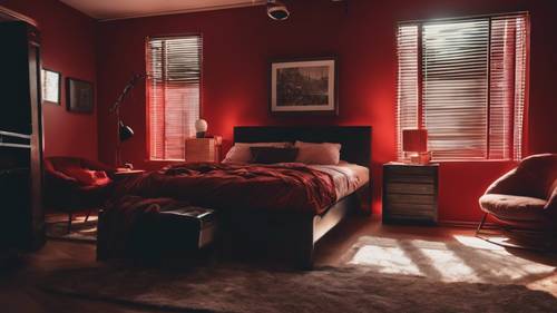 Migawka cichej sypialni z czerwonymi ścianami, czarnymi meblami i nastrojowym oświetleniem rzucającym ciekawe cienie.